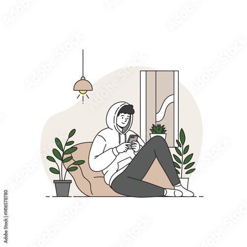A young man is shown looking at his smartphone and hoodie