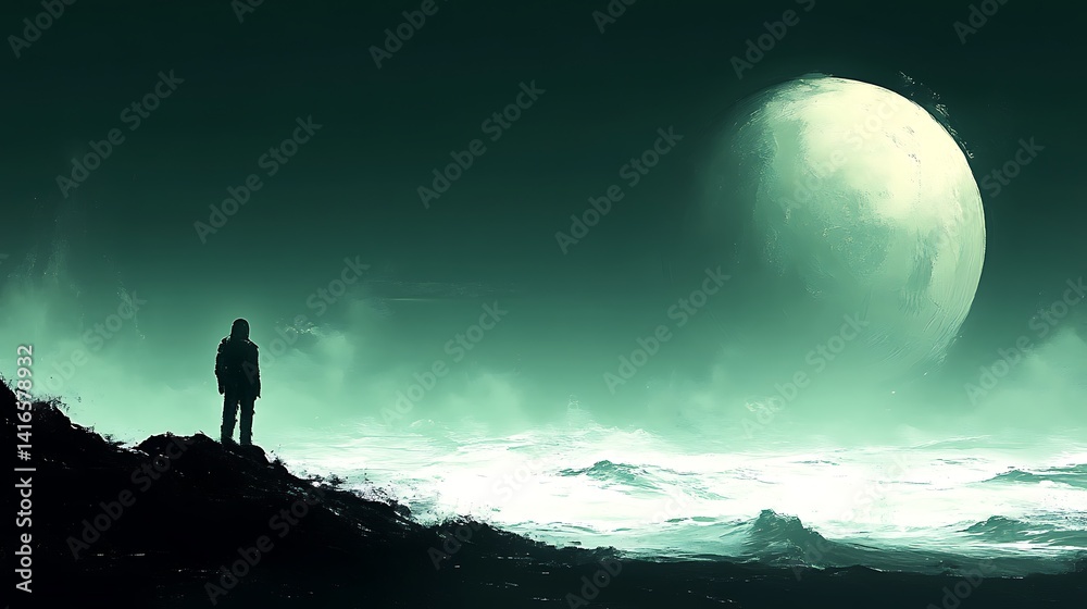 Fototapeta premium Silhouette of a person standing on rocks overlooking a dramatic ocean scene with a large glowing moon in the sky