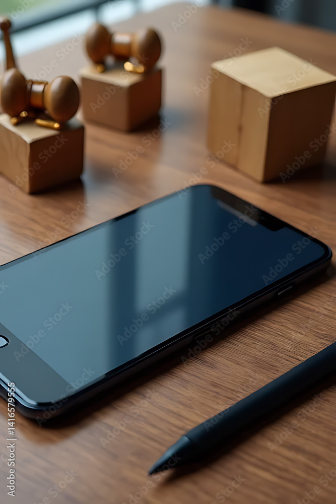 Mobile device setup on wooden desk modern home office still life minimalist close-up Mobile device setup on wooden desk modern home office still life minimalist close-up