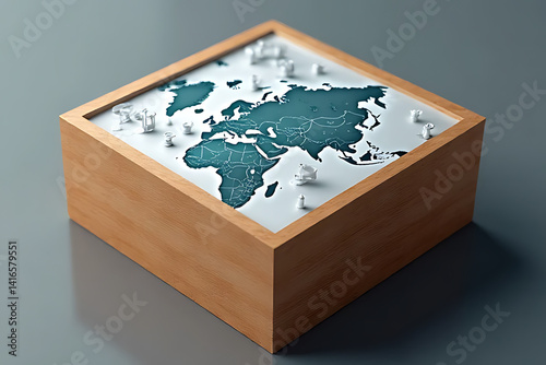 Global map model displaying geographical features modern workspace 3d art minimalist design