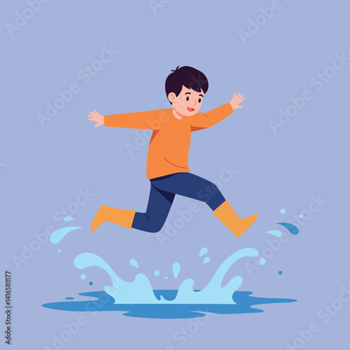 Young boy in orange sweater and boots joyfully jumping over puddle with water splashes flat colorful vector illustration