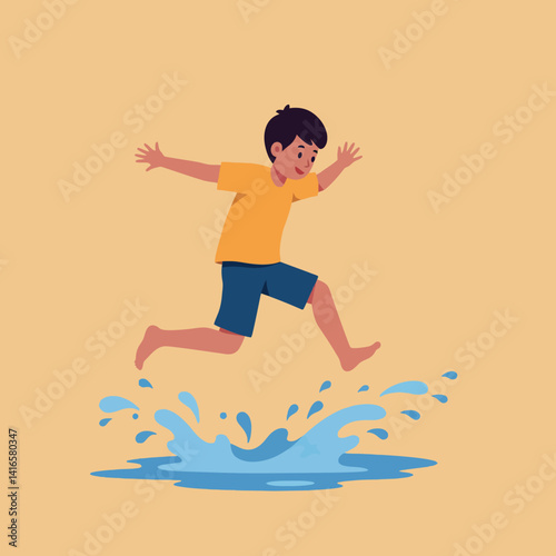 Young boy joyfully jumping barefoot into a blue water puddle flat colorful vector illustration