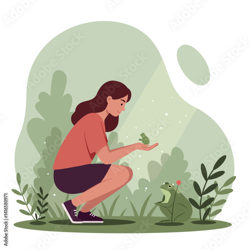 Young woman crouching outdoors interacting with frog and butterfly in flat nature scene vector illustration