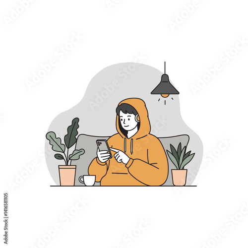 A young man is shown looking at his smartphone and hoodie