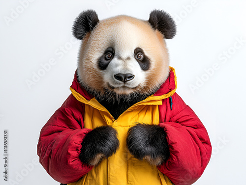 A cute red panda bear and a toy panda are near bamboo, making it an adorable animal illustration photo