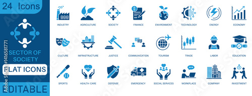 24 editable flat icons representing sectors of society, industry, finance, health care, education, justice, environment, technology, workplace, and more. Ideal for infographics and reports.
