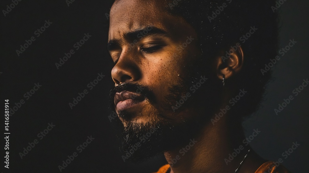 Dramatic low key portrait of man with deep shadows single light source and high contrast creating a moody atmosphere Dramatic low key portrait of man with deep shadows single light source and high contrast creating a moody atmosphere