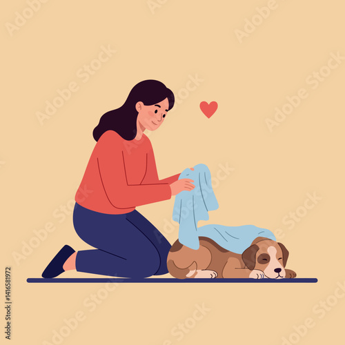 Woman caring for sleepy brown dog with blue blanket in cozy minimal flat style vector illustration