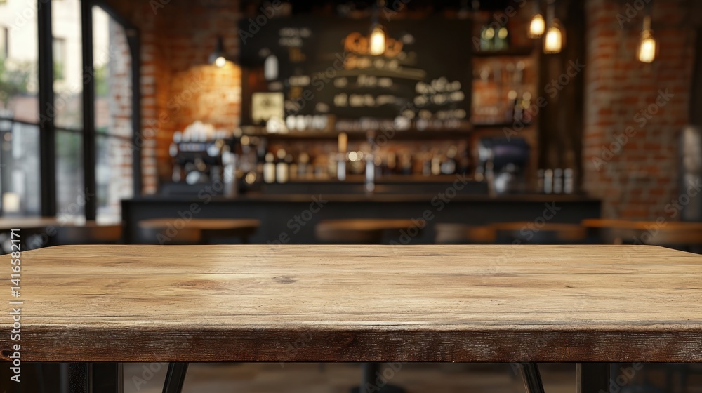 rustic wooden tabletop showcasing a blurred cafe interior with exposed brick walls and ambient lighting creating a warm and inviting atmosphere for product placement or design mockups rustic wooden tabletop showcasing a blurred cafe interior with exposed brick walls and ambient lighting creating a warm and inviting atmosphere for product placement or design mockups