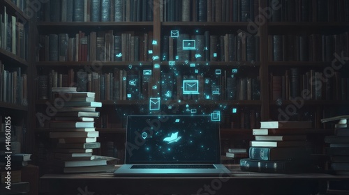 laptop with floating books and educational icons, representing online learning or distance education on the screen, surrounded by stacks of bookshelves. The background is a dark wood, Generative AI