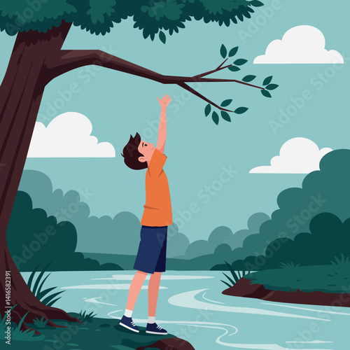 Boy reaching for tree branch near riverbank in minimal flat style outdoor vector illustration