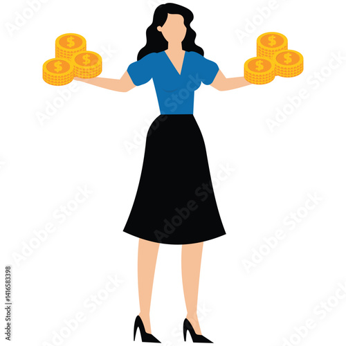 Equally divided, fair and just, equidistant Businesswoman divide six piles of gold coins into two equal parts