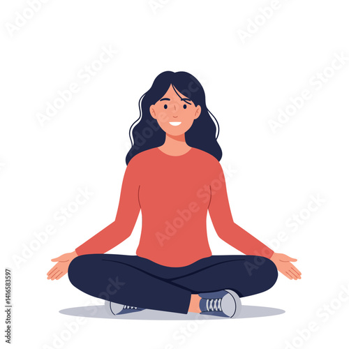 Smiling young woman with long dark hair sitting cross-legged in casual clothes meditating in flat minimal vector art