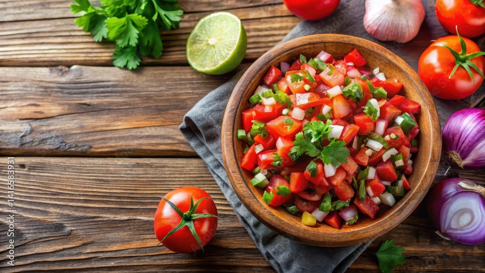 Fresh pico de gallo salsa in a bowl on wooden background, vibrant colors Fresh pico de gallo salsa in a bowl on wooden background, vibrant colors