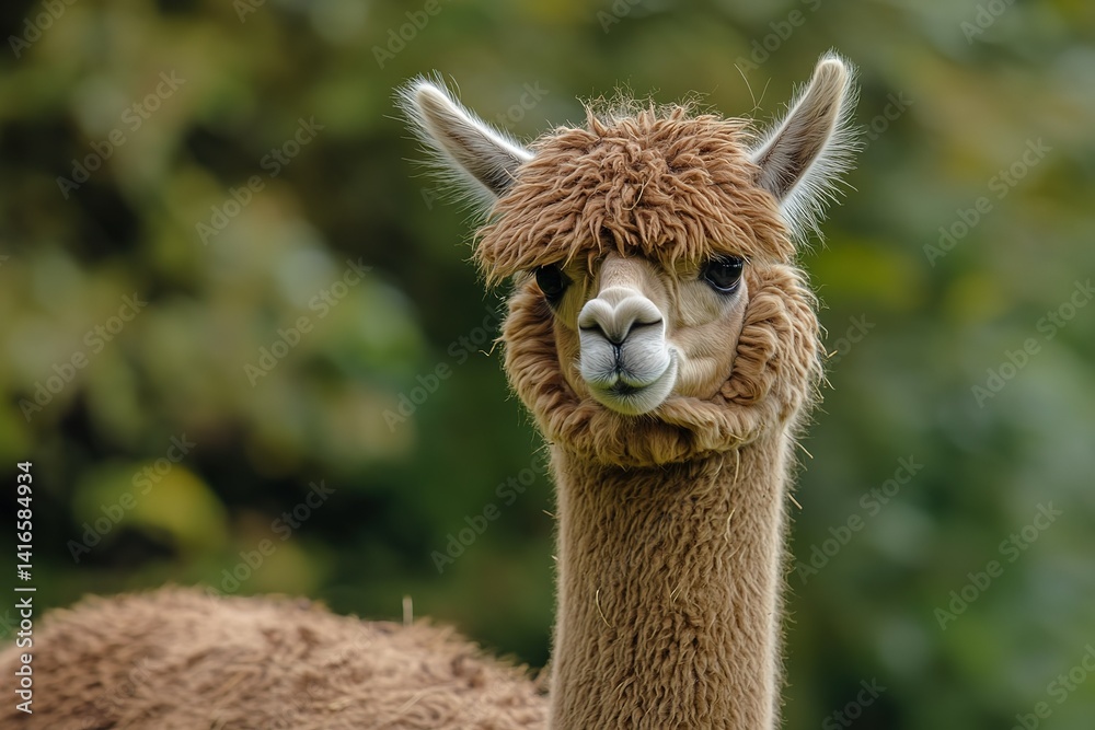 Obraz premium A fluffy alpaca standing tall with its long neck, its soft wool floating in the breeze