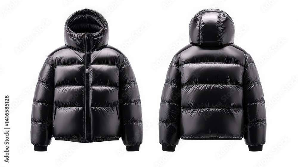 Naklejka premium Front and back views of a shiny black puffer jacket with a hood for stylish winter wear and outdoor activities