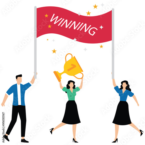 Winning and successful teams, teams with realistic goals, team members jumping and cheering with flags in front of huge trophies