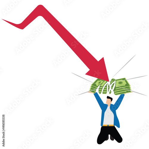 A businessman in mid-air catches two falling arrows, a stock market crash, a business failure, an investment loss, and a plunge in revenue or profits