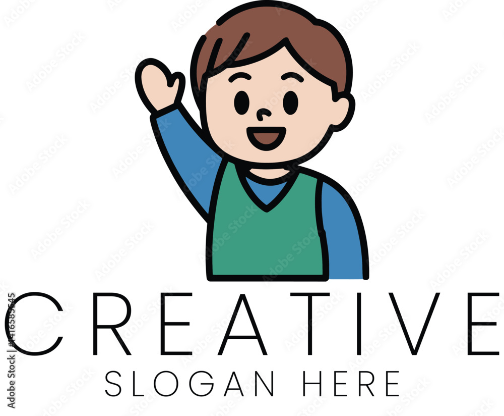 Happy Boy Raising Hand Creative Logo Design Illustration Kid Cute Icon Child Young Raised Vector Happy Boy Raising Hand Creative Logo Design Illustration Kid Cute Icon Child Young Raised Vector