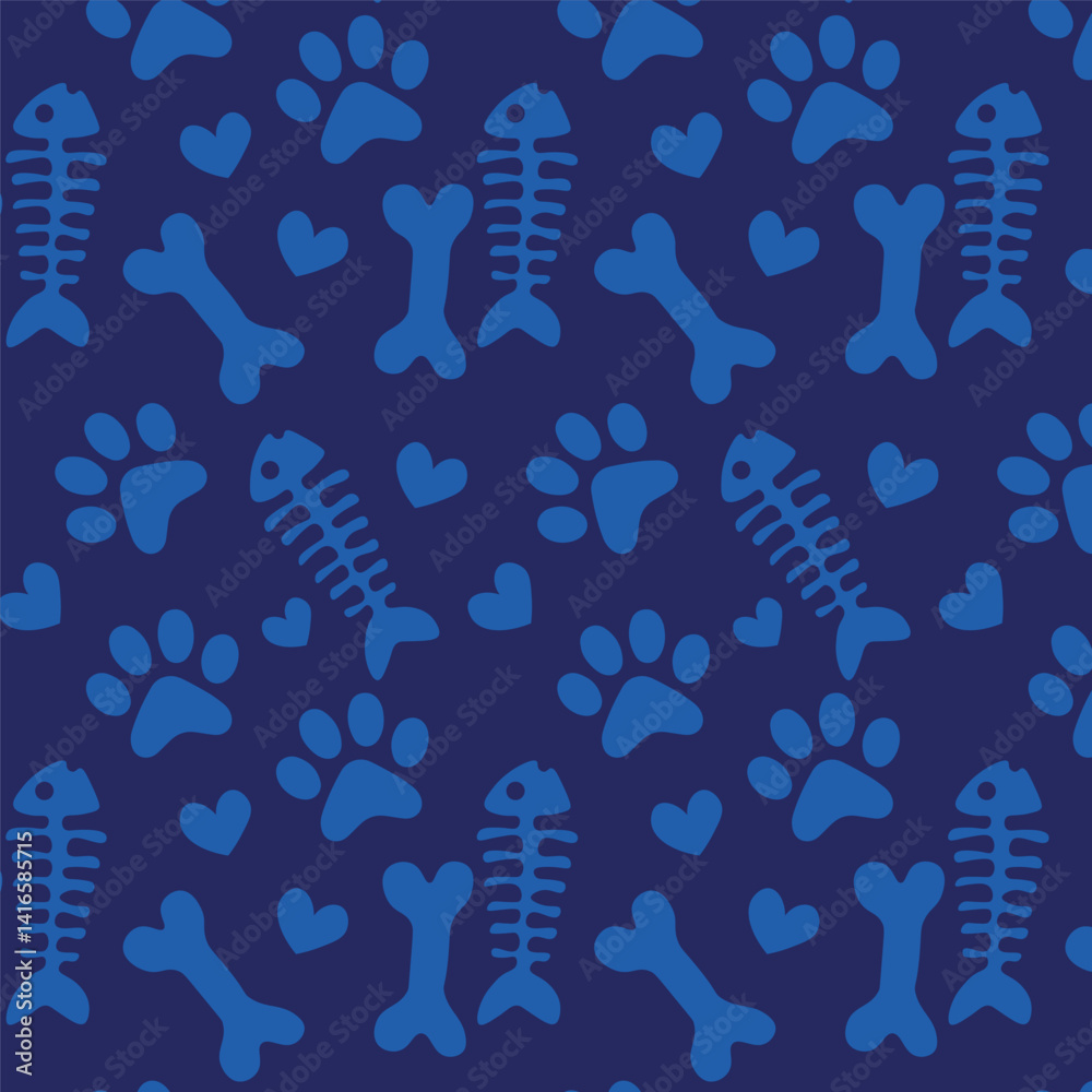 blue pattern with pet paw, bones and fish bone