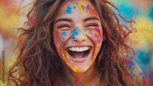 A woman with colorful face paint is smiling and laughing