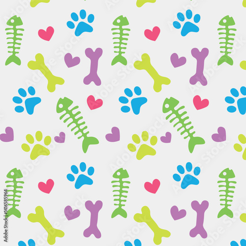 colorful pet pattern with paw, bones and fish and hearts silhouette