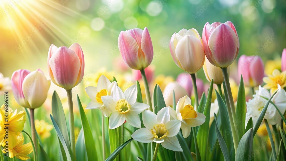Pastel-colored tulips and daffodils swaying in a gentle breeze amidst lush greenery, daffodils