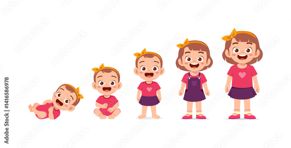 Illustration of baby and girl showing growth and development stage, smiling and happy. Illustration of baby and girl showing growth and development stage, smiling and happy.