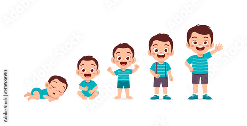 Illustration of Boy Development Stages from Baby to Child Smiling and Waving