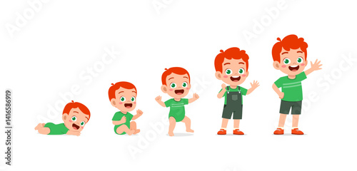 Illustration of a boy showing different stages of growth, expressing joy and progression on white