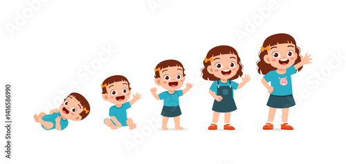 Illustration of Growing Stages of Girl From Baby to Older Kid Waving Hands and Smiling