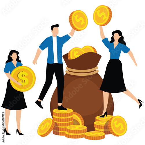 Group of merchants putting gold coins inside huge money bags, investment or return on investment, commercial or business profits, bank savings business