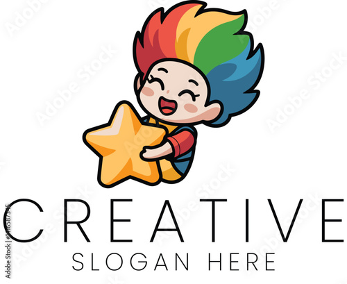 Happy Child Holding Golden Star Cute Cartoon Illustration Design kid logo joyful vector bright      