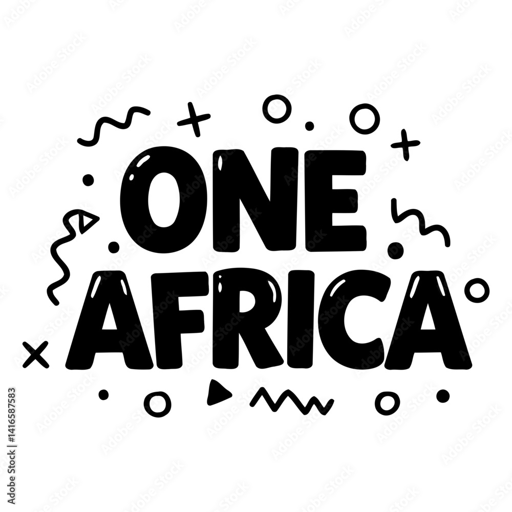 Fototapeta premium Bold, stylized lettering proclaiming ONE AFRICA with playful, graphic elements. Suitable for posters, merchandise, social media, and promotional materials.
