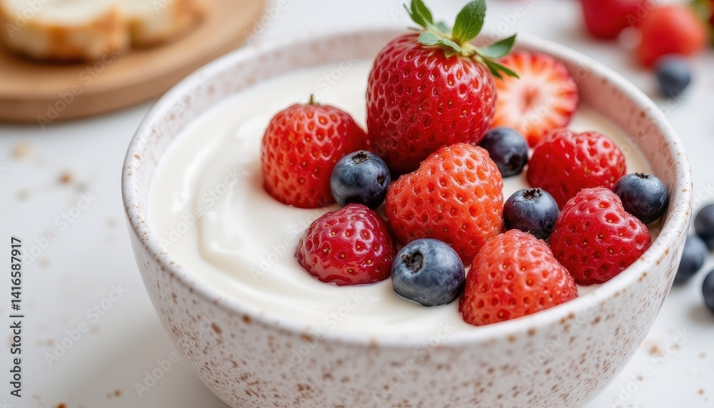 Photo of a refreshing summer snack consisting of homemade yogurt topped with fresh, colorful berries. Photo of a refreshing summer snack consisting of homemade yogurt topped with fresh, colorful berries.