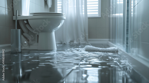 flooded bathroom plumbing disaster toilet flood, burst pipe. Toilet leak home sewer line with overflowing toilet. Drowning bathtub, indoor flood, flooded toilet overflowing tub