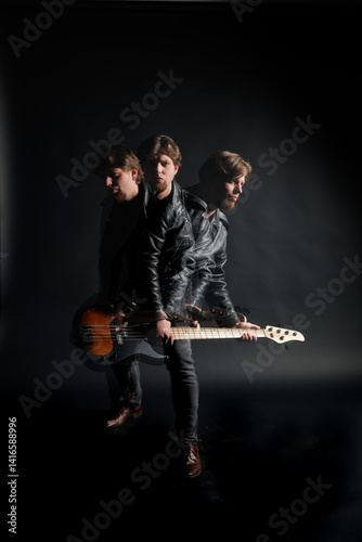 Fotografi A moody, artistic capture of a bassist in motion, layered with dramatic lighting