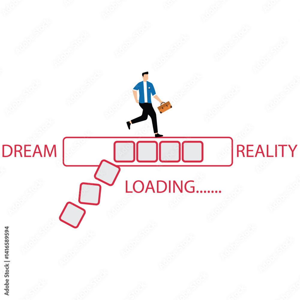 Transition of dreams into reality concept with a man running on the loading bar symbol, Realizing the dream Transition of dreams into reality concept with a man running on the loading bar symbol, Realizing the dream