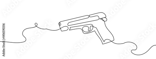 Continuous line, weapon, pistol line art vector illustration with background editable stroke.