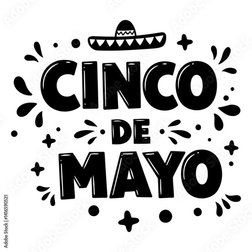 Bold, stylized Cinco de Mayo lettering, decorated with whimsical elements like sombrero, dots, and swirls.  Perfect for advertising or social media related to Cinco de Mayo celebrations.
