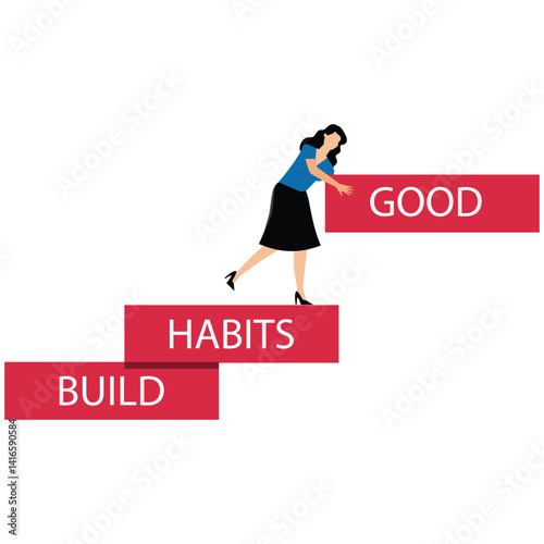 Build good habits concept with a woman arranges wooden blocks with the text build good habits