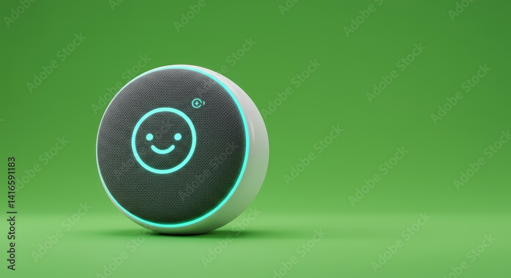 Smart speaker displaying happy face on green background modern technology device Smart speaker displaying happy face on green background modern technology device
