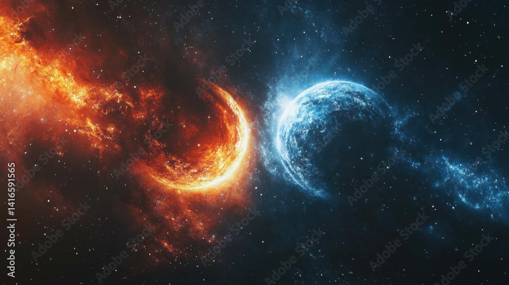 Obraz premium Stunning cosmic duality with fiery orange and icy blue nebulae converging in space, symbolizing balance, energy, and the universe's contrast.