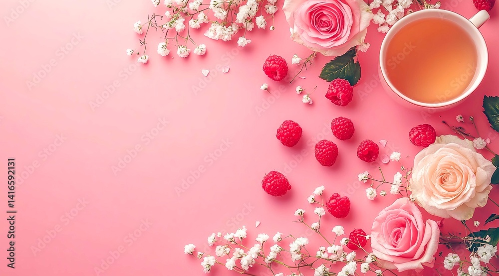 romantic background top view cup of tea roses, white gypsophila flowers and raspberries. The color scheme is mainly pink. Banner for tea party romantic background top view cup of tea roses, white gypsophila flowers and raspberries. The color scheme is mainly pink. Banner for tea party