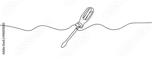 Continuous line, tools, screwdriver line art vector illustration with background editable stroke.