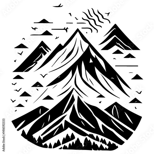 Monochrome Mountain Range with Bird Silhouette Art