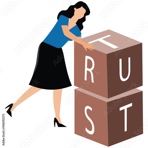 Build trust concept. A woman stacking wooden blocks with word trust