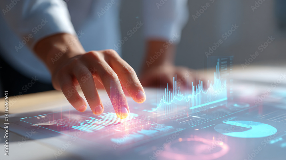 Obraz premium Data analysis dashboard visualization with hands touching interactive screen technology