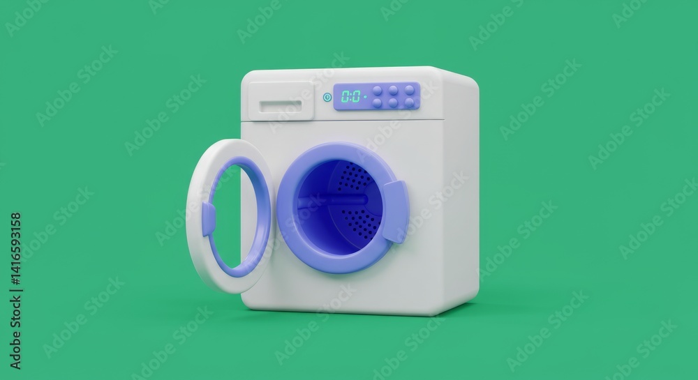 Washing machine with open door on green background showcasing appliance for laundry and cleaning needs with modern design and user friendly interface Washing machine with open door on green background showcasing appliance for laundry and cleaning needs with modern design and user friendly interface