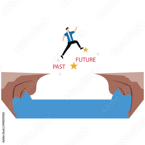 Silhouette man jump on a cliff from past to future, Go ahead and continuously improvement